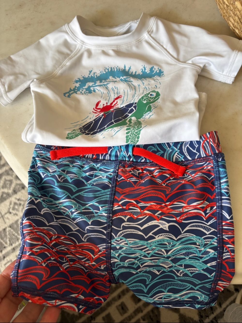 Tucker + Tate White Rashguard with Blue, Green & Red Wave Swim Shorts
